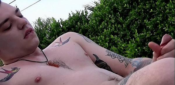  Inked homo Ryan Fields peeing and wanking off outdoors